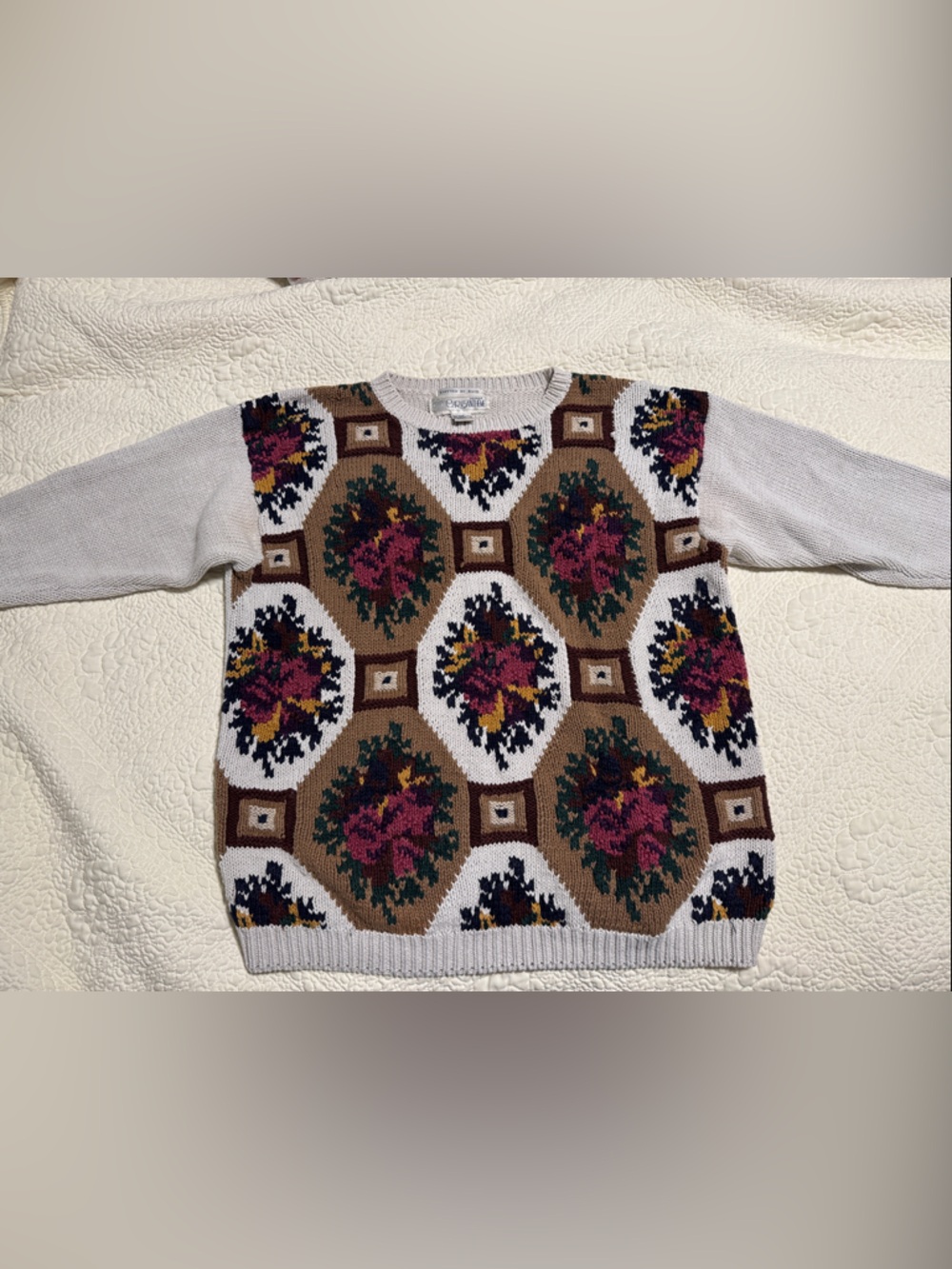 Vintage - Knitted by hand Sweater in Cream, Brown, Pink & Green floral